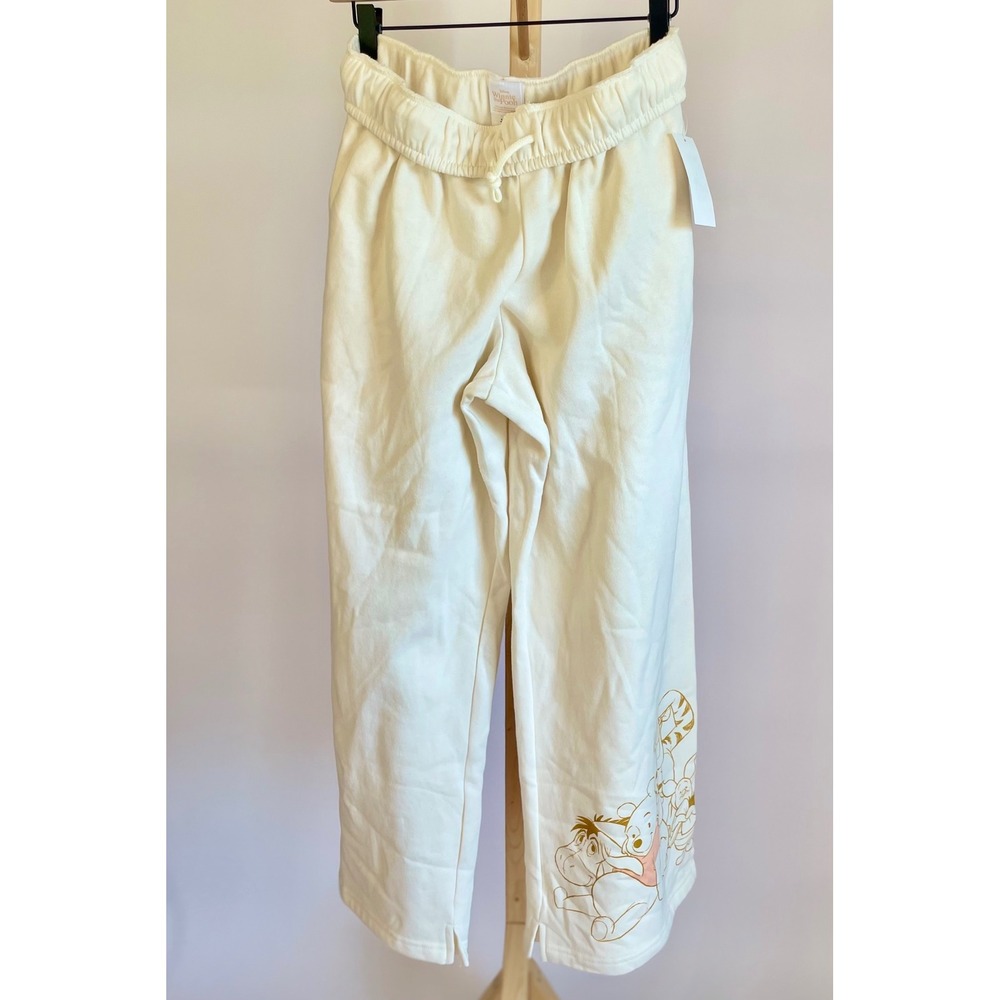 Disney‎ Winnie the Pooh Cream Wide Leg Sweatpants Drawstring Fleece Pants NEW